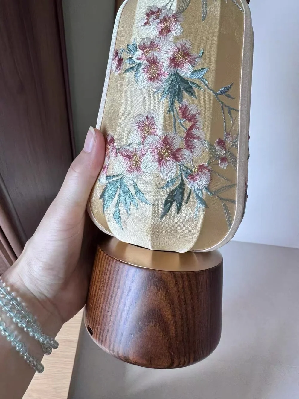 Gold Floral Embroidered Lantern with Wooden Base
